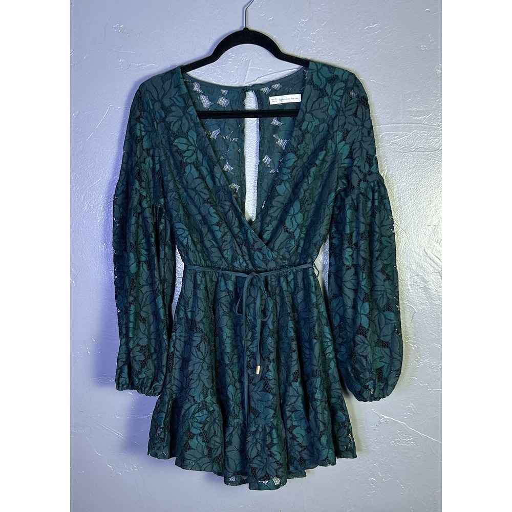 Here Comes The Sun Maddox Fit & Flare Long Sleeve Romper Green Floral Lace Small - Picture 1 of 13
